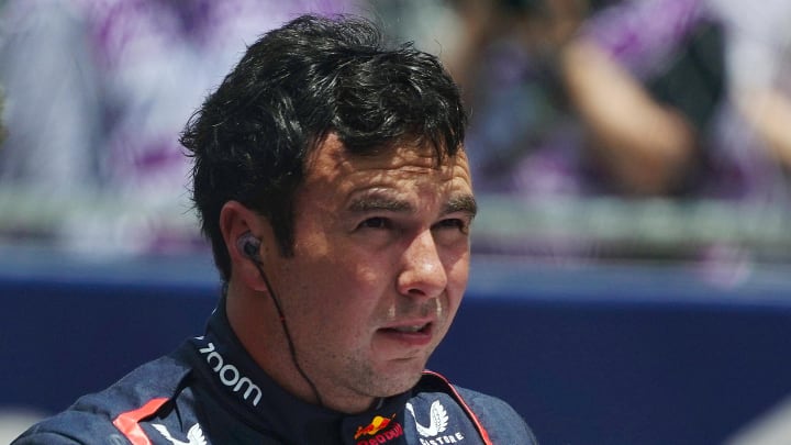 May 4, 2024; Miami Gardens, Florida, USA; Red Bull Racing driver Sergio Perez (11) reacts on the grid after the F1 Sprint Race at Miami International Autodrome. Mandatory Credit: John David Mercer-USA TODAY Sports