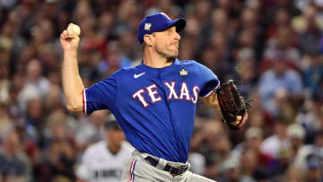 Oct 30, 2023; Phoenix, Arizona, USA; Texas Rangers starting pitcher Max Scherzer (31) pitches in the third inning against the Arizona Diamondbacks in game three of the 2023 World Series at Chase Field. Mandatory Credit: Matt Kartozian-USA TODAY Sports