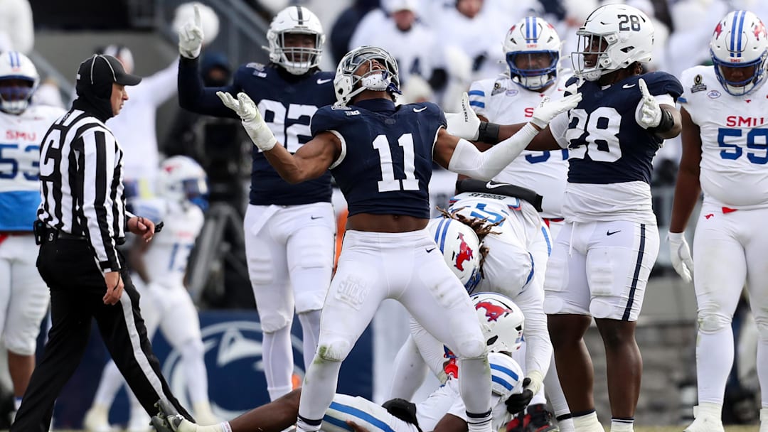 Penn State Nittany Lions defensive end Abdul Carter reacts after sacking SMU Mustangs quarterback Kevin Jennings during the first round of the College Football Playoff at Beaver Stadium.
