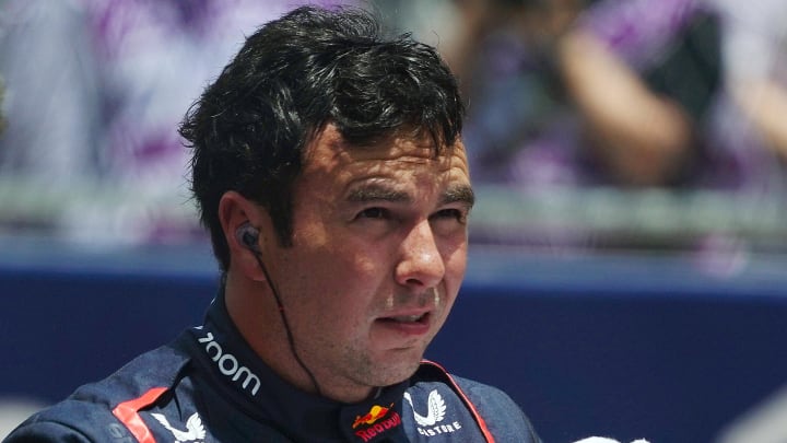 May 4, 2024; Miami Gardens, Florida, USA; Red Bull Racing driver Sergio Perez (11) reacts on the grid after the F1 Sprint Race at Miami International Autodrome. Mandatory Credit: John David Mercer-USA TODAY Sports