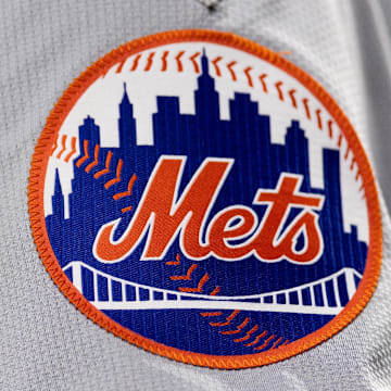 May 15, 2024; Philadelphia, Pennsylvania, USA; New York Mets logo on the sleeve of J.D. Martinez during a game against the Philadelphia Phillies at Citizens Bank Park. Mandatory Credit: Bill Streicher-Imagn Images