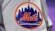May 15, 2024; Philadelphia, Pennsylvania, USA; New York Mets logo on the sleeve of J.D. Martinez during a game against the Philadelphia Phillies at Citizens Bank Park. Mandatory Credit: Bill Streicher-Imagn Images