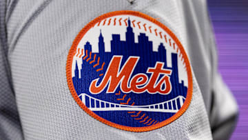 May 15, 2024; Philadelphia, Pennsylvania, USA; New York Mets logo on the sleeve of J.D. Martinez during a game against the Philadelphia Phillies at Citizens Bank Park. Mandatory Credit: Bill Streicher-Imagn Images