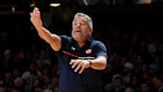 Auburn Tigers head coach Bruce Pearl yells to his team against the Vanderbilt Commodores during the second half at Memorial Gymnasium.