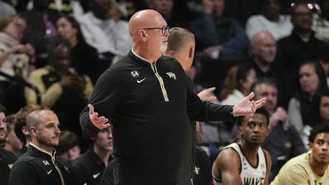 Jan 7, 2026; Winston-Salem, North Carolina, USA; Wake Forest Demon Deacons head coach Steve Forbes reacts to a play during the first half against the Miami (FL) Hurricanes  at Lawrence Joel Veterans Memorial Coliseum. Mandatory Credit: Jim Dedmon-Imagn Images