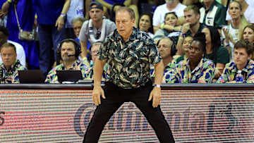 Nov 26, 2024; Lahaina, Hawaii, USA;  Michigan State Spartans head coach Tom Izzo reacts to play during the first half against the Memphis Tigers at Lahaina Civic Center. Mandatory Credit: Marco Garcia-Imagn Images