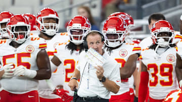 Aug 9, 2025; Glendale, Arizona, USA; Kansas City Chiefs defensive coordinator Steve Spagnuolo against the Arizona Cardinals during a preseason NFL game at State Farm Stadium. Mandatory Credit: Mark J. Rebilas-Imagn Images