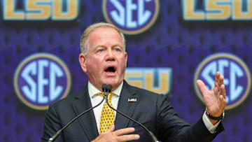 Jul 16, 2025; Atlanta, GA, USA; LSU Tigers head coach Brian Kelly talks to the media during SEC Media Day at Omni Atlanta Hotel. Mandatory Credit: Jordan Godfree-Imagn Images