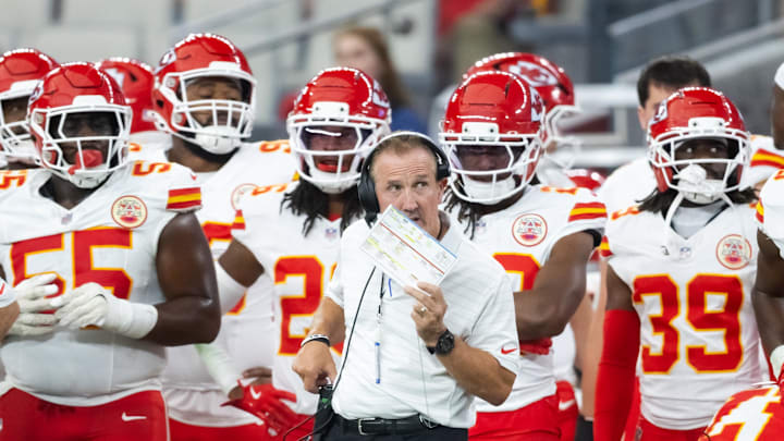 Aug 9, 2025; Glendale, Arizona, USA; Kansas City Chiefs defensive coordinator Steve Spagnuolo against the Arizona Cardinals during a preseason NFL game at State Farm Stadium. Mandatory Credit: Mark J. Rebilas-Imagn Images
