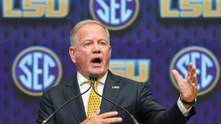 Jul 16, 2025; Atlanta, GA, USA; LSU Tigers head coach Brian Kelly talks to the media during SEC Media Day at Omni Atlanta Hotel. Mandatory Credit: Jordan Godfree-Imagn Images
