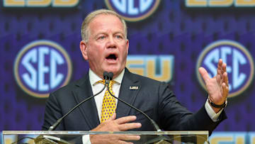 Jul 16, 2025; Atlanta, GA, USA; LSU Tigers head coach Brian Kelly talks to the media during SEC Media Day at Omni Atlanta Hotel. Mandatory Credit: Jordan Godfree-Imagn Images