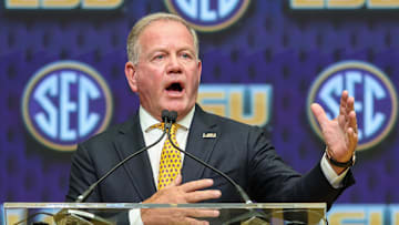 Jul 16, 2025; Atlanta, GA, USA; LSU Tigers head coach Brian Kelly talks to the media during SEC Media Day at Omni Atlanta Hotel. Mandatory Credit: Jordan Godfree-Imagn Images