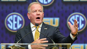 Jul 16, 2025; Atlanta, GA, USA; LSU Tigers head coach Brian Kelly talks to the media during SEC Media Day at Omni Atlanta Hotel. Mandatory Credit: Jordan Godfree-Imagn Images