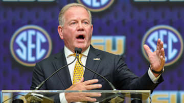 LSU Tigers head coach Brian Kelly talks to the media during SEC Media Days