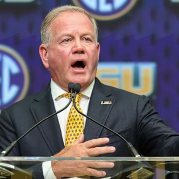 LSU Tigers head coach Brian Kelly talks to the media during SEC Media Days