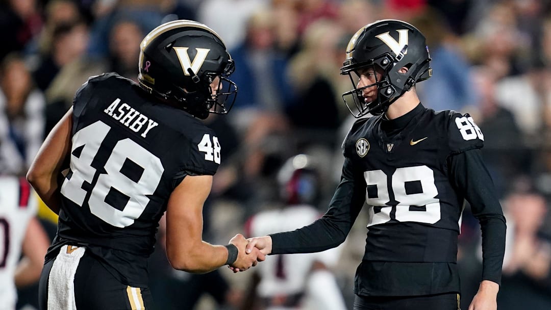 Vanderbilt place kicker Brock Taylor (88) celebrates his field goal against Ball State with long snapper Julian Ashby (48) during the fourth quarter at FirstBank Stadium in Nashville, Tenn., Saturday, Oct. 19, 2024.