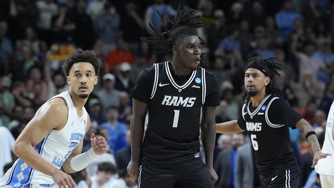 VCU guard Nyk Lewis celebrates after a play against North Carolina in overtime of a first-round game of the men’s NCAA tournament. The Rams rallied to beat the Tar Heels in overtime.