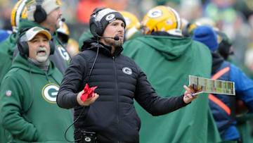Green Bay Packers coach Matt LaFleur questions a call by the officials during the game against the Chicago Bears on Sunday, January 5, 2025, at Lambeau Field in Green Bay, Wisconsin.