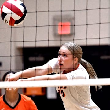 Dumas’ Haley Winegarner volleys the ball back to the Breckenridge side of the court during the Bev Ball Classic volleyball tournament at Abilene High School Friday Aug. 15, 2025.