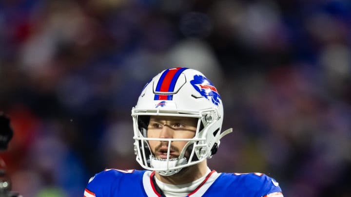 Jan 21, 2024; Orchard Park, NY; Buffalo Bills quarterback Josh Allen (17) against the Kansas City Chiefs during the 2024 AFC divisional round game at Highmark Stadium.