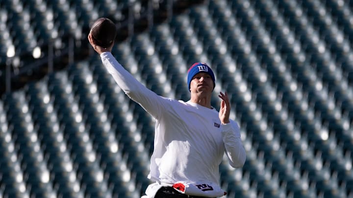 New York Giants quarterback Tim Boyle (12) before a game against the Philadelphia Eagles at Lincoln Financial Field. New York Giants quarterback Tim Boyle (12) before a game against the Philadelphia Eagles at Lincoln Financial Field.