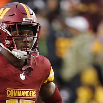 Nov 10, 2024; Landover, Maryland, USA; Washington Commanders wide receiver Terry McLaurin (17) looks on from the field during final minute of the game against the Pittsburgh Steelers at Northwest Stadium. Mandatory Credit: Amber Searls-Imagn Images
