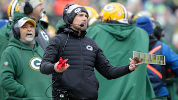 Green Bay Packers coach Matt LaFleur questions a call by the officials during the game against the Chicago Bears on Sunday, January 5, 2025, at Lambeau Field in Green Bay, Wisconsin.