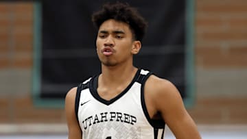 Jan 4, 2025; Gilbert, AZ, USA; Utah Prep Academy guard Anthony Felesi (1) against Faith Family Academy (TX) during the Hoophall West High School Invitational at Highland High School. Mandatory Credit: Mark J. Rebilas-Imagn Images