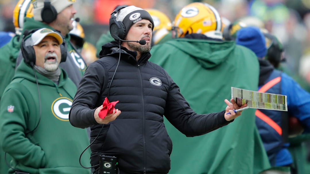 Green Bay Packers coach Matt LaFleur questions a call by the officials during the game against the Chicago Bears on Sunday, January 5, 2025, at Lambeau Field in Green Bay, Wisconsin.