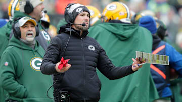 Green Bay Packers coach Matt LaFleur questions a call by the officials during the game against the Chicago Bears on Sunday, January 5, 2025, at Lambeau Field in Green Bay, Wisconsin.