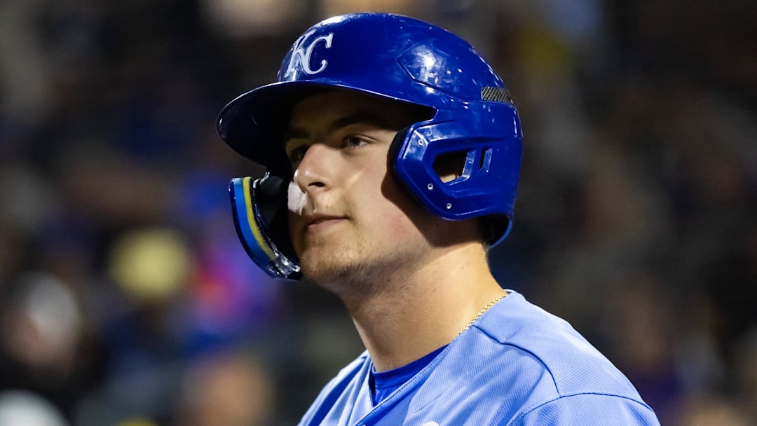 Mar 4, 2023; Surprise, Arizona, USA; Kansas City Royals outfielder Gavin Cross against the Los Angeles Dodgers during a spring training game at Surprise Stadium. Mandatory Credit: Mark J. Rebilas-Imagn Images Mar 4, 2023; Surprise, Arizona, USA; Kansas City Royals outfielder Gavin Cross against the Los Angeles Dodgers during a spring training game at Surprise Stadium. Mandatory Credit: Mark J. Rebilas-Imagn Images