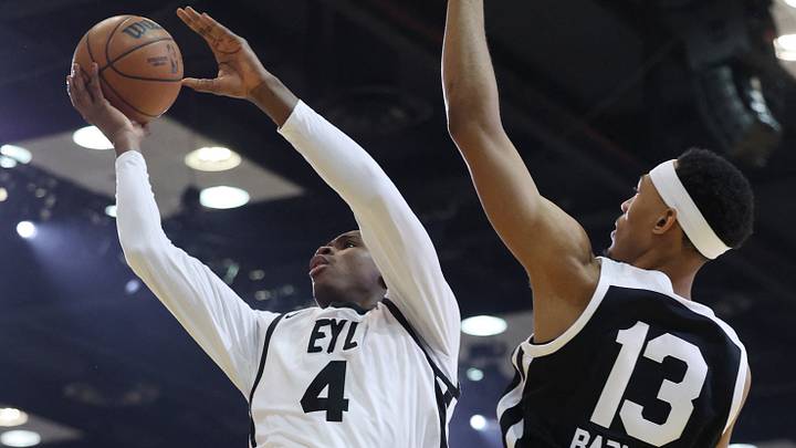 Feb 18, 2024; Indianapolis, Indiana, USA; Team ELY forward Babacar Sane (4) of the G League Ignite goes to the basket defended by Team Strictly forward Darius Bazley (13) of the Delaware Blue Coats during the G-League Next Up game at Indiana Convention Center. Mandatory Credit: Trevor Ruszkowski-USA TODAY Sports Feb 18, 2024; Indianapolis, Indiana, USA; Team ELY forward Babacar Sane (4) of the G League Ignite goes to the basket defended by Team Strictly forward Darius Bazley (13) of the Delaware Blue Coats during the G-League Next Up game at Indiana Convention Center. Mandatory Credit: Trevor Ruszkowski-USA TODAY Sports