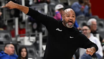 Oct 16, 2025; Detroit, Michigan, USA; Detroit Pistons Head Coach J.B. Bickerstaff yells instructions to his team as they play the Washington Wizards in the first quarter at Little Caesars Arena.