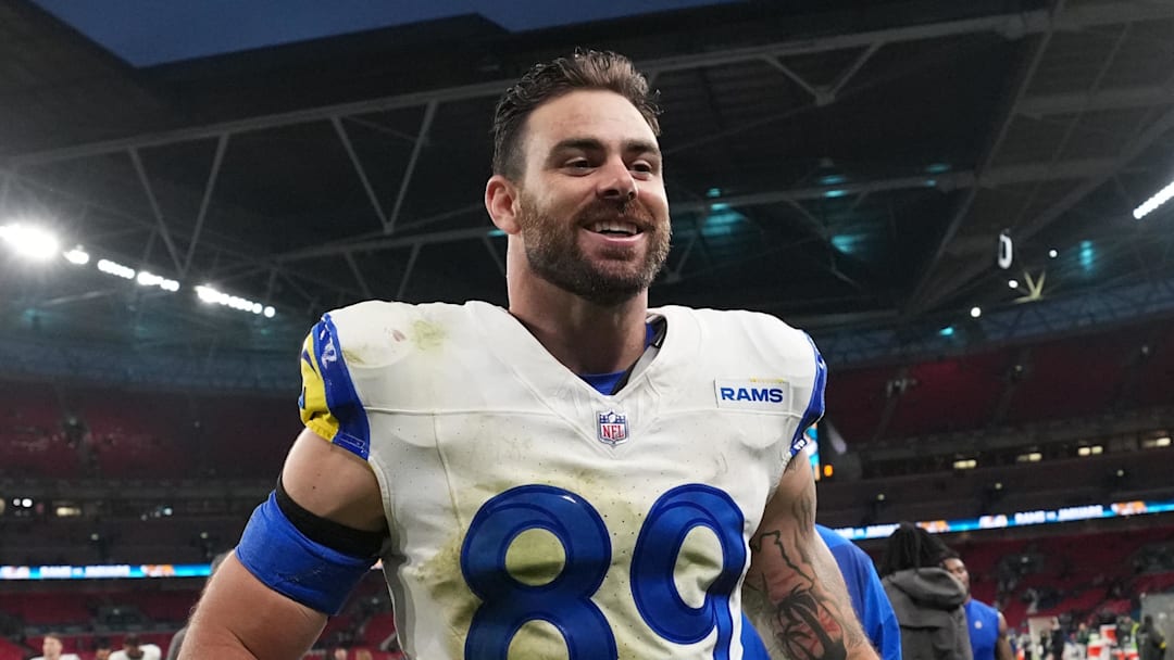 Oct 19, 2025; London, United Kingdom; Los Angeles Rams tight end Tyler Higbee (89) leaves the field after a NFL International Series game against the Jacksonville Jaguars at Wembley Stadium. Mandatory Credit: Kirby Lee-Imagn Images