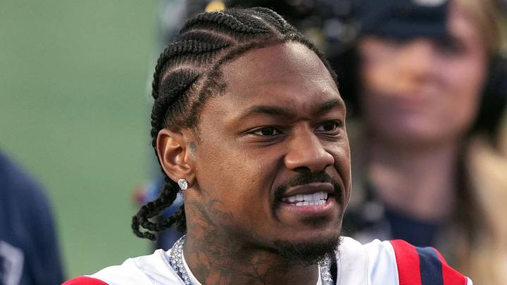 Feb 8, 2026; Santa Clara, CA, USA; New England Patriots wide receiver Stefon Diggs (8) during halftime against the Seattle Seahawks in Super Bowl LX at Levi's Stadium. Mandatory Credit: Darren Yamashita-Imagn Images