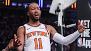 Nov 12, 2025; New York, New York, USA;  New York Knicks guard Jalen Brunson (11) reacts after getting called for a foul in the first quarter against the Orlando Magic at Madison Square Garden. Mandatory Credit: Wendell Cruz-Imagn Images