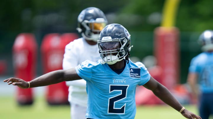 Running back Tyjae Spears (2) goes through warmups during Tennessee Titans practice at Ascension Saint Thomas Sports Park in Nashville, Tenn., Wednesday, May 29, 2024.