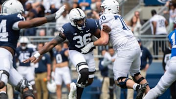 Penn State veteran defensive end Zuriah Fisher during the Blue-White game at Beaver Stadium