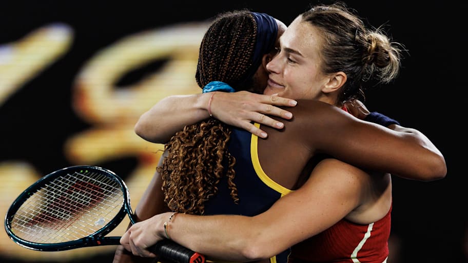 Coco Gauff embraces Aryna Sabalenka at the Australian Open. | Mike Frey-Imagn Images