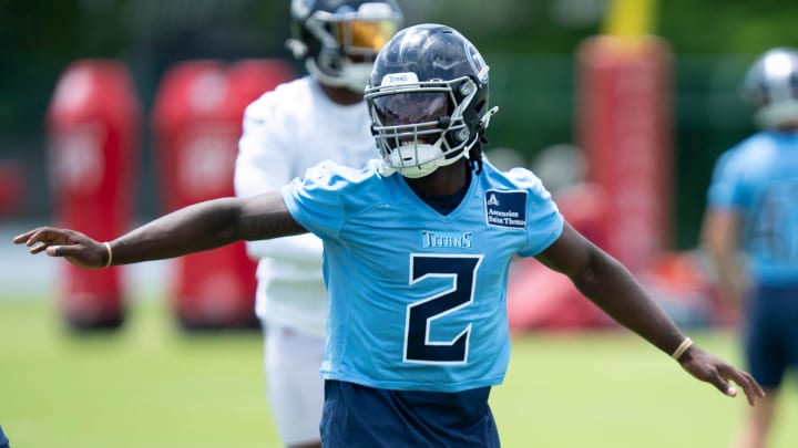 Running back Tyjae Spears (2) goes through warmups during Tennessee Titans practice at Ascension Saint Thomas Sports Park in Nashville, Tenn., Wednesday, May 29, 2024.