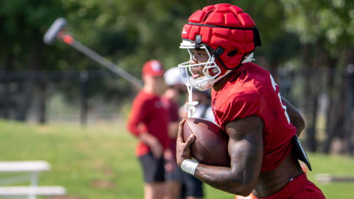 Jovantae Barnes (2) runs drills during a Oklahoma football practice in Norman, Okla., on Monday, Aug. 5, 2024.