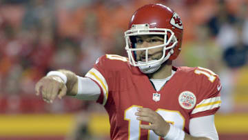 Aug 21, 2015; Kansas City, MO, USA; Kansas City Chiefs quarterback Chase Daniel (10) throws a pass during the second half against the Seattle Seahawks at Arrowhead Stadium. The Chiefs won 14-13. Mandatory Credit: Denny Medley-Imagn Images