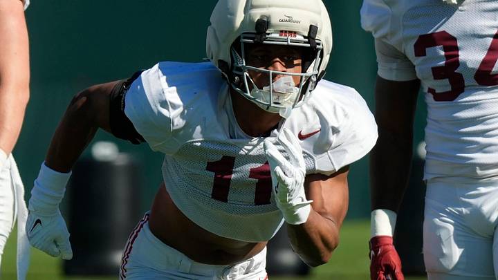 April 7, 2026; Tuscaloosa, AL, USA; Linebacker Xavier Griffin runs a drill during Spring Practice at the University of Alabama.