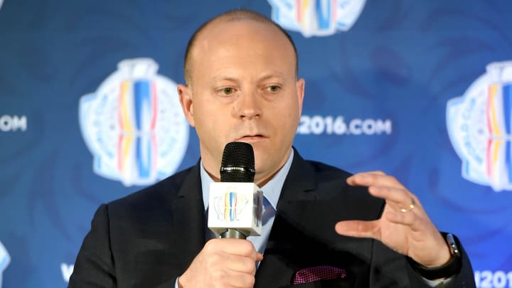 Mar 2, 2016; Toronto, Ontario, Canada;  Team North America associate general manager Stan Bowman speaks to media during a press conference for the upcoming 2016 World Cup of Hockey at Intercontinental Hotel. Mandatory Credit: Dan Hamilton-USA TODAY Sports