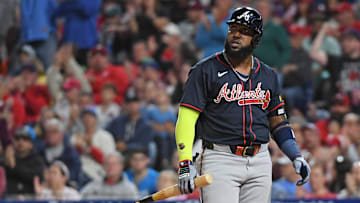 May 27, 2025; Philadelphia, Pennsylvania, USA; Atlanta Braves designated hitter Marcell Ozuna (20) reacts after striking out to end the seventh inning against the Philadelphia Phillies at Citizens Bank Park. Mandatory Credit: Eric Hartline-Imagn Images