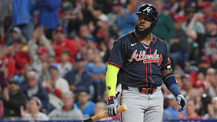 May 27, 2025; Philadelphia, Pennsylvania, USA; Atlanta Braves designated hitter Marcell Ozuna (20) reacts after striking out to end the seventh inning against the Philadelphia Phillies at Citizens Bank Park. Mandatory Credit: Eric Hartline-Imagn Images