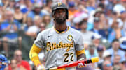 Aug 16, 2025; Chicago, Illinois, USA; Pittsburgh Pirates designated hitter Andrew McCutchen (22) reacts after striking out during the ninth inning against the Chicago Cubs at Wrigley Field. Mandatory Credit: Patrick Gorski-Imagn Images