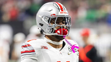 Jan 20, 2025; Atlanta, GA, USA; Ohio State Buckeyes linebacker C.J. Hicks (11) against the Notre Dame Fighting Irish during the CFP National Championship college football game at Mercedes-Benz Stadium. Mandatory Credit: Mark J. Rebilas-Imagn Images