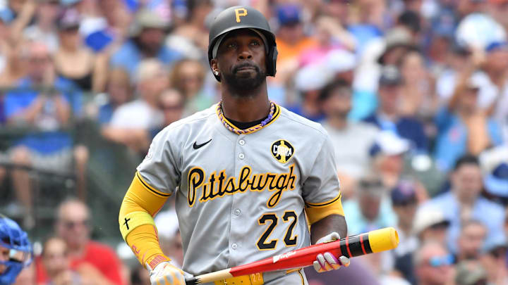 Aug 16, 2025; Chicago, Illinois, USA; Pittsburgh Pirates designated hitter Andrew McCutchen (22) reacts after striking out during the ninth inning against the Chicago Cubs at Wrigley Field. Mandatory Credit: Patrick Gorski-Imagn Images
