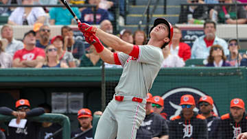 Philadelphia Phillies outfielder Max Kepler watches a fly ball during the second inning against the Detroit Tigers at Publix Field at Joker Marchant Stadium